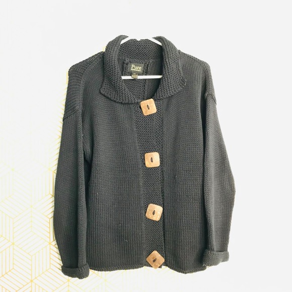 Pure Barre Sweaters - Pure Womens Handknit Cardigan Sweater Sz M/L Black 100% Cotton Chunky Buttons
